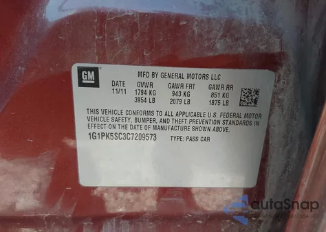 2012 Chevrolet Cruze Eco from USA, damaged, VIN 1G1PK5SC3C7209573